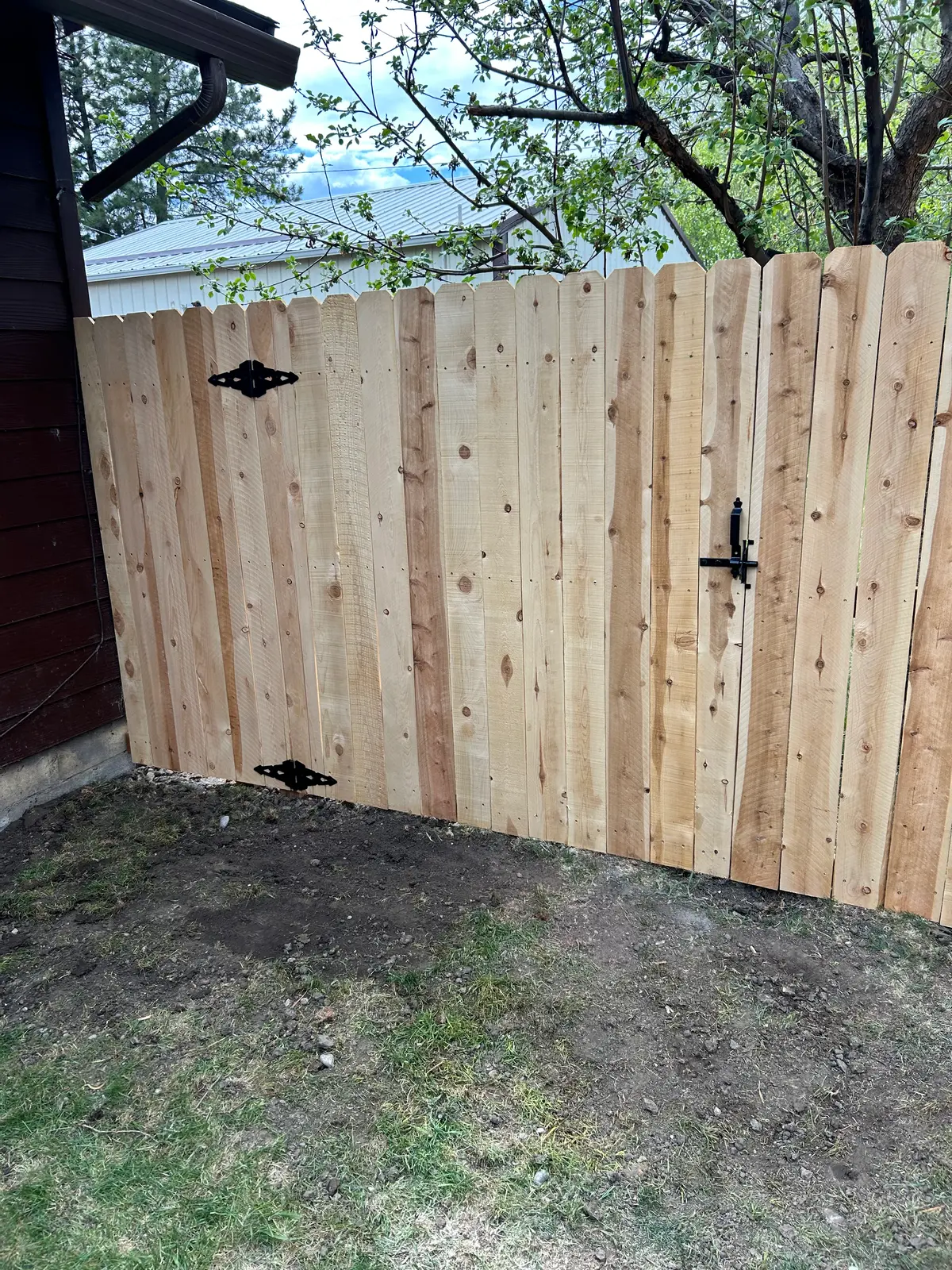 Cedar privacy gate with black hardware